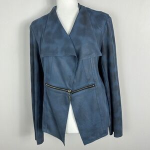 Joseph Ribkoff Canada Drape Front Blue Jacket Womens Size 16 Faux Leather Zipper